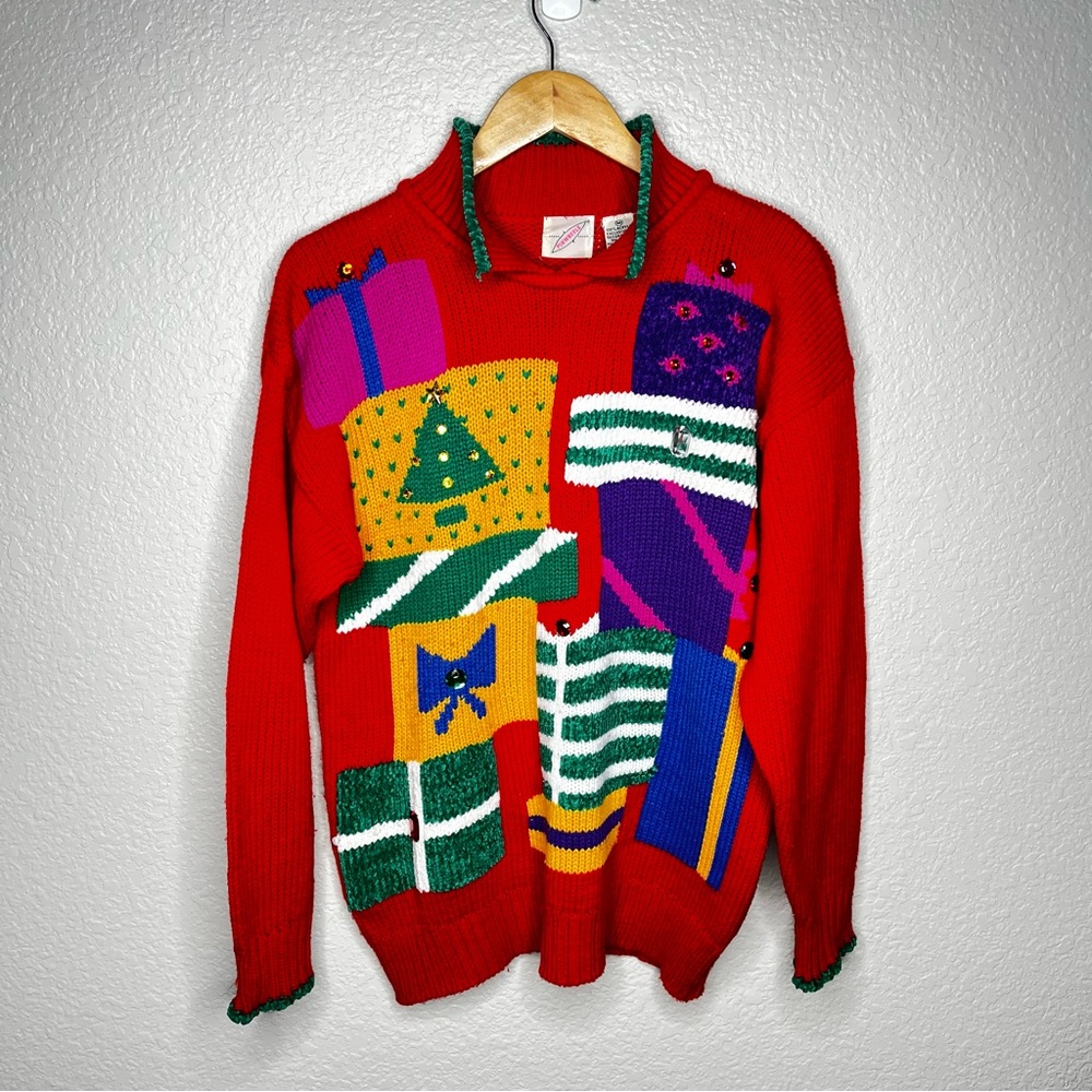 Vintage Women’s Christmas Holiday Pullover Colorful Patchwork Presents Sweater M